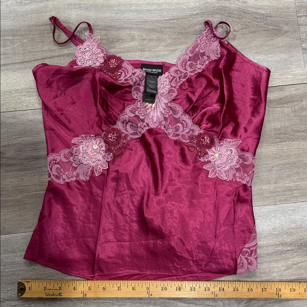Bisou Bisou Vintage Camisole -Sz 12-Fairy Mermaidcore Satin Lace Beaded Top Y2K - Picture 12 of 12